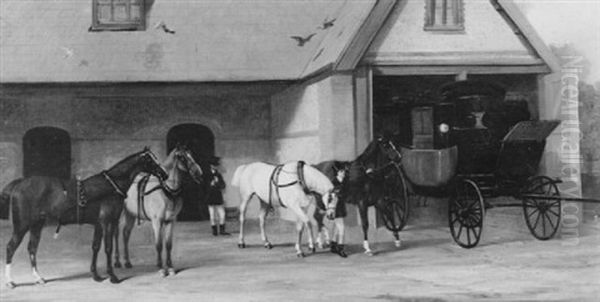 Coach Horses Being Made Ready In A Stable Yard Oil Painting by Henry Barraud