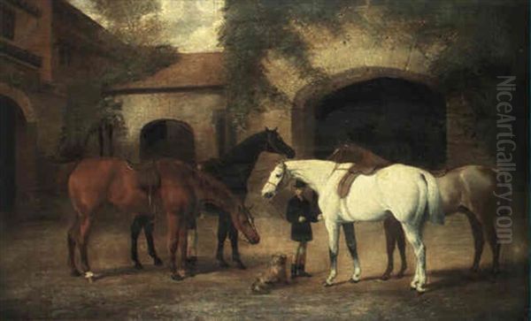 Grooms With Hunters In A Courtyard Oil Painting by Henry Barraud