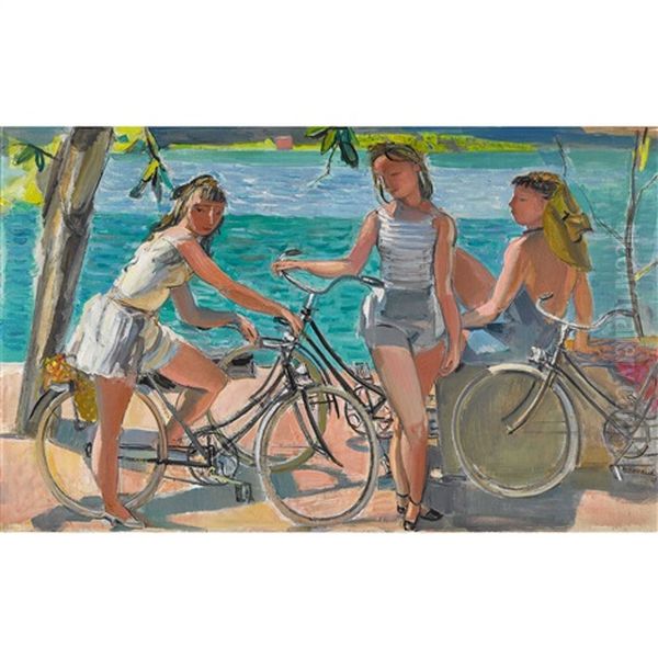 Trois Jeunes Filles A Velo Oil Painting by Maurice Barraud