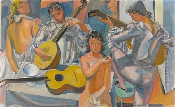 Nus Et Arlequins A La Guitare Oil Painting by Maurice Barraud