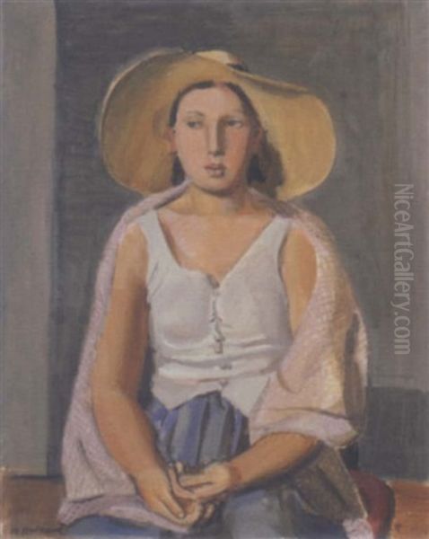 Femme Au Grand Chapeau Avec Un Chale Rose Oil Painting by Maurice Barraud