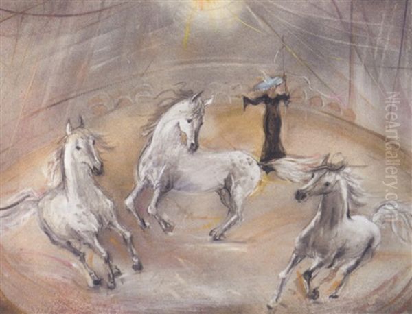 White Horses Performing In A Circus Ring Oil Painting by Maurice Barraud