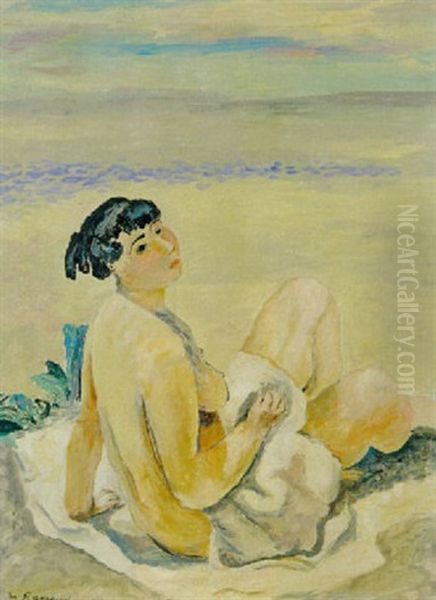 Nu Assis A La Plage Oil Painting by Maurice Barraud