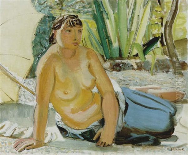 Junge Sitzende Frau Mit Sonnenschirm Oil Painting by Maurice Barraud