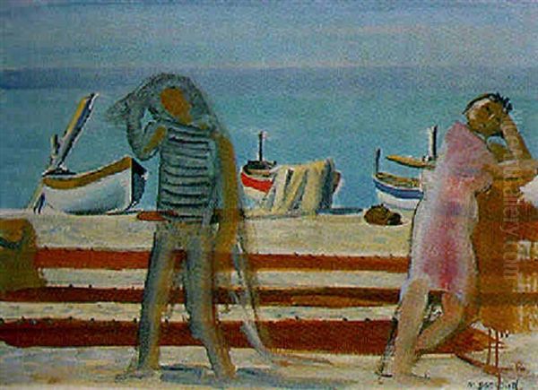 Deux Personnages Sur Plage Oil Painting by Maurice Barraud