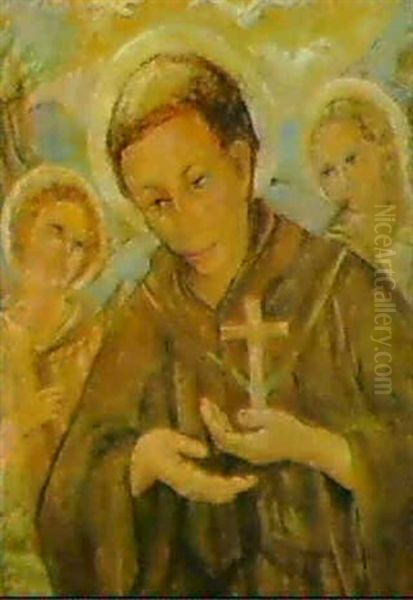 Bildnis Des Hl. Franziskus Von Assisi. Im Hintergrund Zwei  Engel Oil Painting by Maurice Barraud