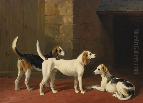 Three Fox Hounds In A Paved Kennel Yard Oil Painting by William Barraud