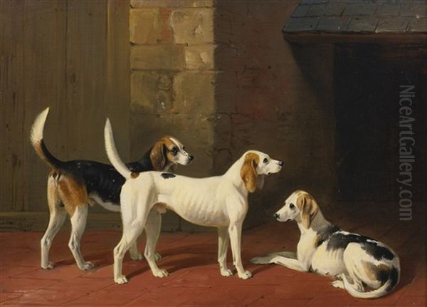 Three Fox Hounds In A Paved Kennel Yard Oil Painting by William Barraud