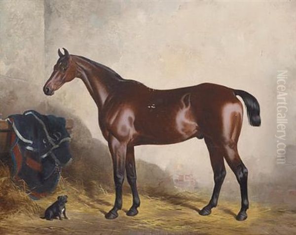 "cricket" And "myrtle": A Dark Bay Horse And A Dog In A Stable Oil Painting by William Barraud