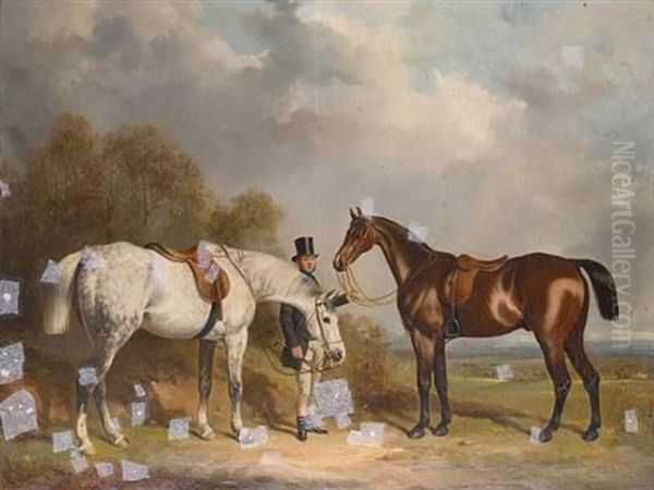 Edward Goodacre Standing In A Landscape With The Hunters "clearwell" And "rover", A Hunt Beyond Oil Painting by William Barraud