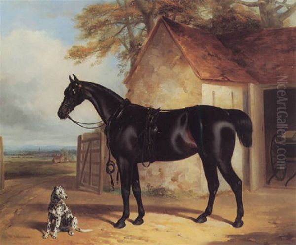 A Bay Hunter Before A Stable With A Dalmatian Oil Painting by William Barraud