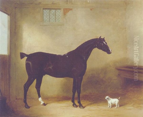 A Bay Hunter And A Dog In A Stable Oil Painting by William Barraud