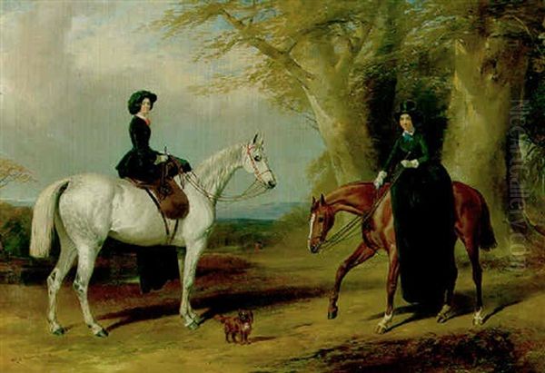 Mrs. Samuel Block And Her Step-daughter Agnes, Later Mrs. Thomas Saumarez, On Hunters, With A Spaniel, In An Extensive Wooded Landscape Oil Painting by William Barraud