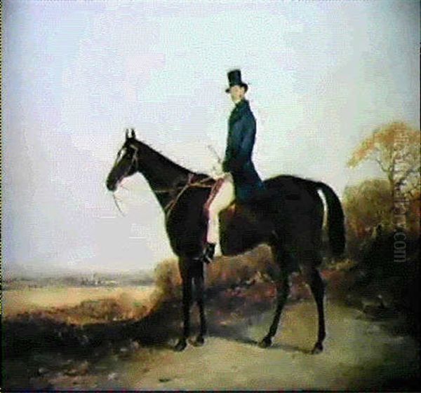 A Gentleman On A Dark Bay Hunter, A Landscape Beyond Oil Painting by William Barraud