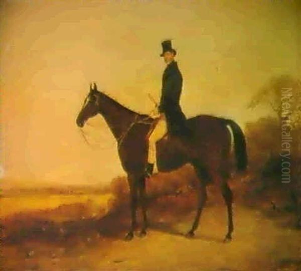 A Gentleman On His Bay Hunter In A Landscape, A View Of     Oxford Beyond Oil Painting by William Barraud