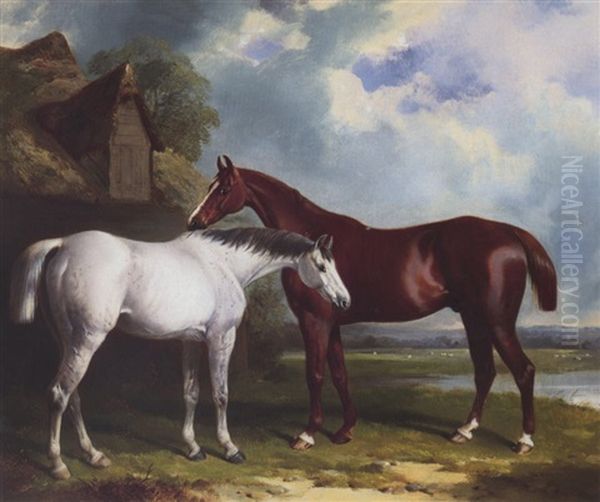 A Grey And A Chestnut Outside A Barn Oil Painting by William Barraud