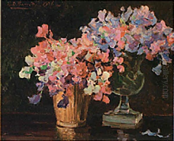 Two Vases Of Sweet-peas On A Table Oil Painting by Enrique D. Barreda