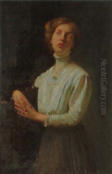 Frau In Weisser Bluse Oil Painting by Herman Barrenscheen