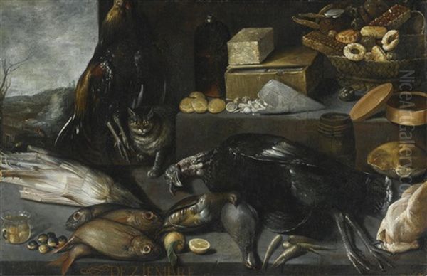 An Allegory Of The Month Of December, With A Cat And A Still Life Of Fowl, Fish, Sweetmeats And Chocolate On A Stone Ledge Oil Painting by Francisco Barrera