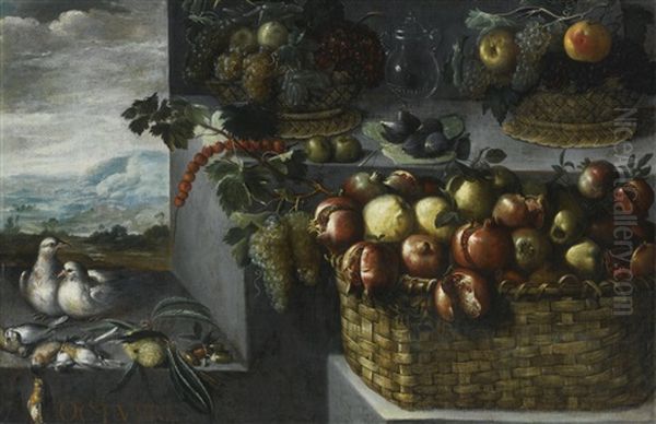 An Allegory Of The Month Of October, With A Still Life Of Baskets Of Pomegranates, Apples, Grapes And Other Fruits, A Pair Of Doves And Songbirds On A Stone Ledge Oil Painting by Francisco Barrera