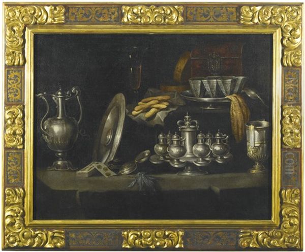 Still Life Of Silverware, Porcelain Cups, A Watch, A Pack Of Cards, A Glass Of Wine, Biscuits And A Tortoiseshell Case, All Upon A Roughly-hewn Stone Slab Oil Painting by Francisco Barrera