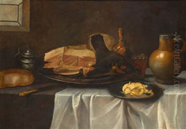 Bodegon Con Jamon, Pan Y Cacharros Oil Painting by Francisco Barrera