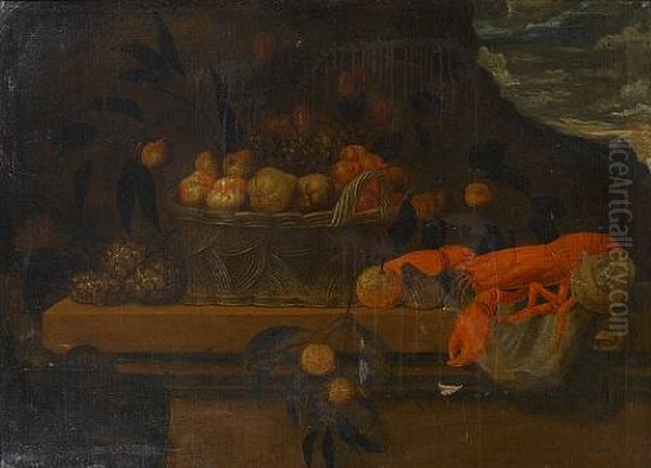 Lobster, Pineapples And A Woven Basket Filled With Pears, Apples And Grapes, On A Stone Ledge by Francisco Barrera