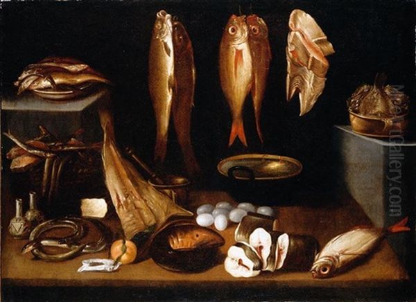 Still Life Of Fish Suspended From Hooks, With Bowls Of Fish On Raised Ledges, With Eels, Eggs, Cheese, An Orange, Ceramic Pots, A Pestle And Mortar And A Cooking Pot, All Upon A Stone Top Oil Painting by Francisco Barrera