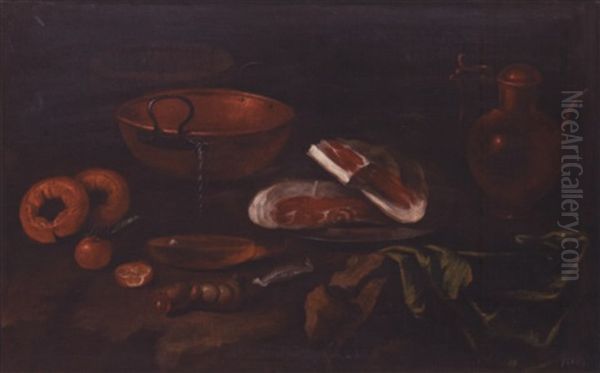 Nature Morte Aux Instruments De Cuisine Et Jambon Oil Painting by Francisco Barrera