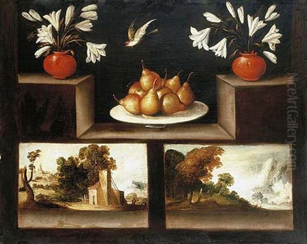 Two Vases Of White Lilies, Pears In A Porcelain Dish And Two Landscape Paintings On A Stone Ledge Oil Painting by Francisco Barrera