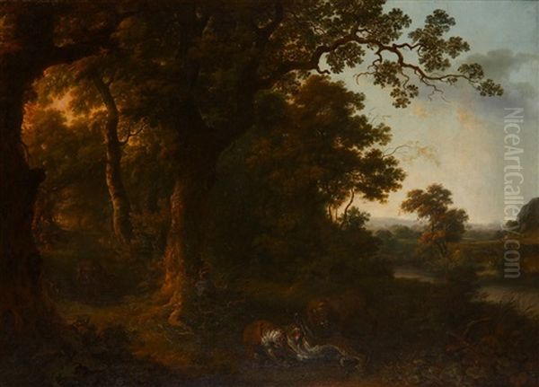 Lions And Leopards In A Wooded Landscape Oil Painting by George Barret