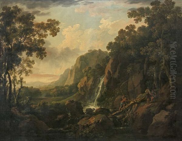 A Mountainous Wooded River Landscape With A Waterfall And Three Figures Oil Painting by George Barret