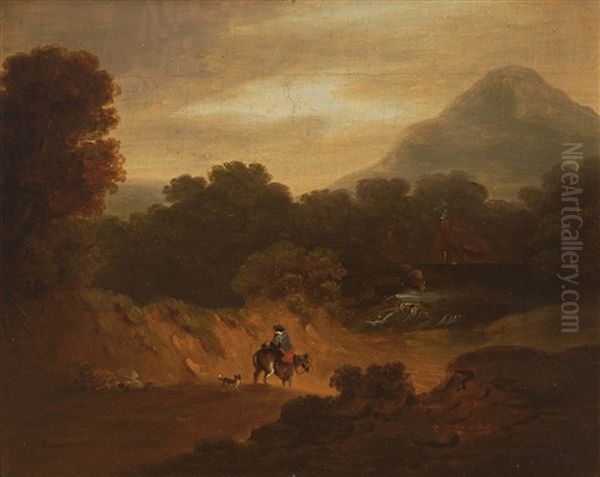 The Great Sugarloaf Mountain, Co. Wicklow With A Figure On Horseback Alongside A Dog In Foreground Oil Painting by George Barret