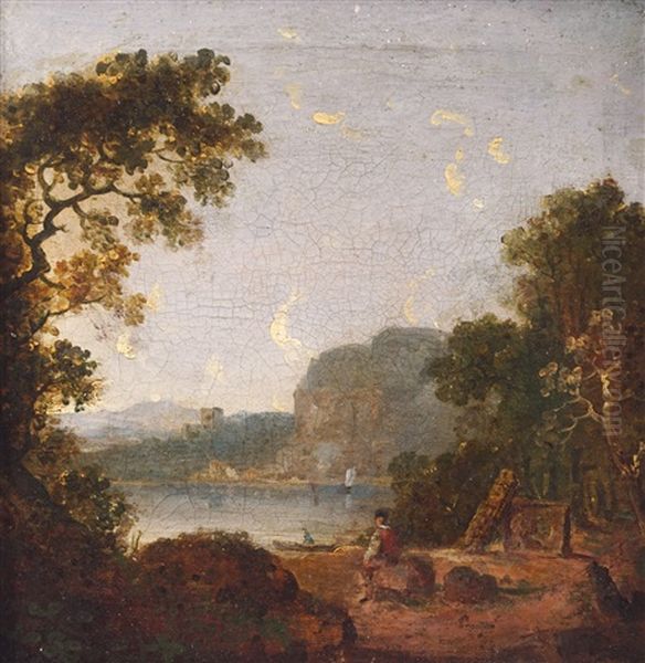 A Lake Scene With Figures Seated In The Foreground. A Castle In The Distance Oil Painting by George Barret