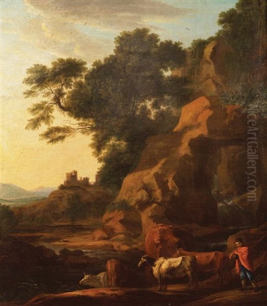 A Landscape With Castle In The Middle Distance. A Waterfall, Cattle And A Piping Herdsman In The Foreground Oil Painting by George Barret