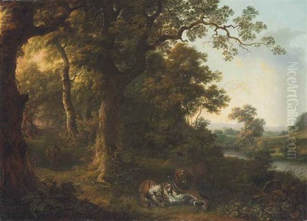 Lions And Leopards In A Wooded Landscape, By A Stream Oil Painting by George Barret