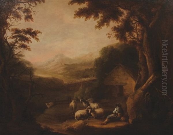 Glen Of The Downs - A Wooded River Landscape With Sheep, Goats In The Foreground, A Cottage And Distant Mountains Oil Painting by George Barret