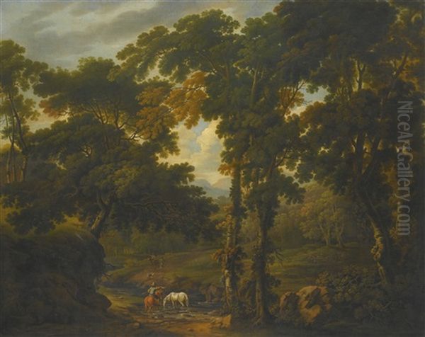 Woodland Scene With A Horseman Crossing A Stream Oil Painting by George Barret