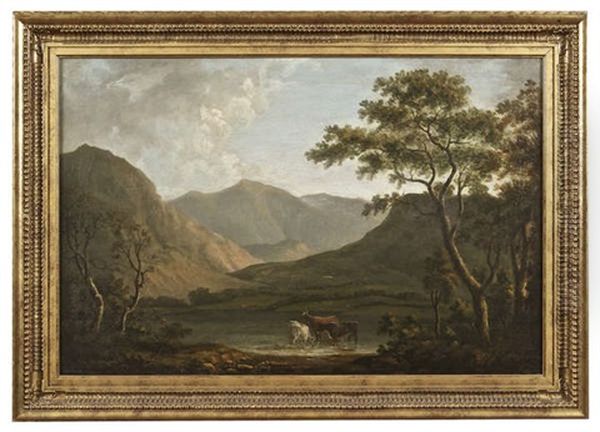 Lake Landscape With Castle Oil Painting by George Barret