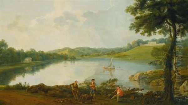 Prospect Of Gatton Park, Surrey (from The Lake, With Rustics In The Foreground) Oil Painting by George Barret