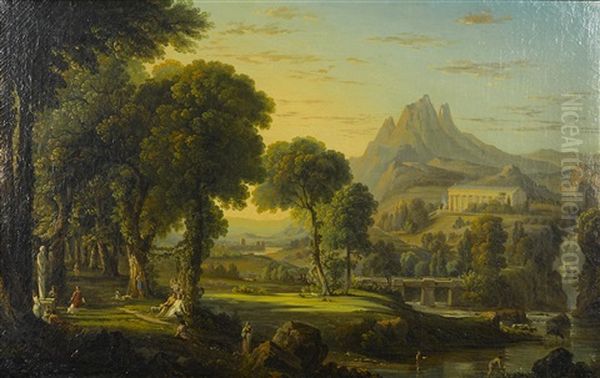 A Classical Landscape With Figures In The Foreground And A Temple In The Distance Oil Painting by George Barret