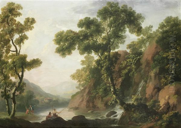 Peasants Fishing On The Banks Of A River, With A Rocky Landscape Beyond Oil Painting by George Barret