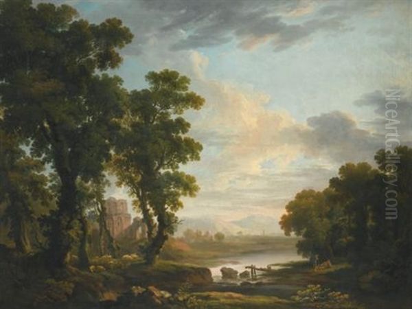 An Extensive Wooded River Landscape, With Shepherds Reclining In The Foreground And Ruins Beyond Oil Painting by George Barret