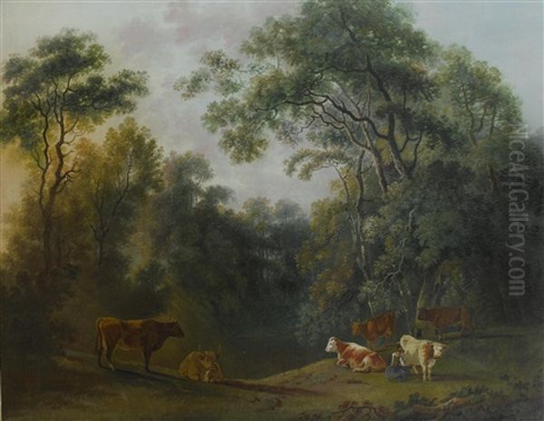 A Wooded Landscape With A Milk-maid And Cattle Oil Painting by George Barret