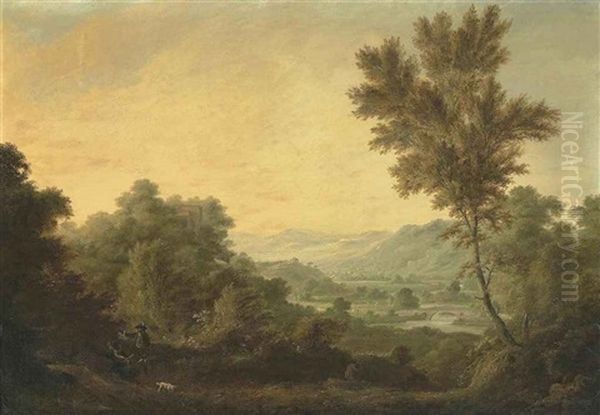 A Mountainous River Landscape With Hunters Carrying A Dear Oil Painting by George Barret