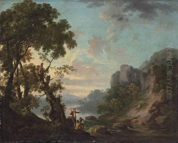 Wooded Landscape With A Lake, Anglers In The Foreground Oil Painting by George Barret