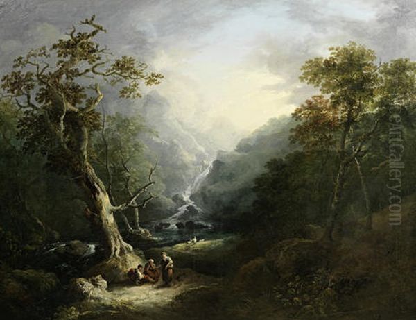 A Wooded Landscape With Travellers Resting Before A Waterfall Oil Painting by George Barret