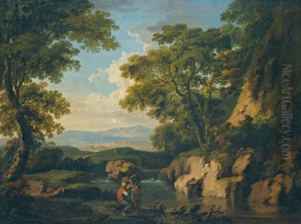 A Mountainous Wooded Landscape With Figures By A River In The Foreground Oil Painting by George Barret