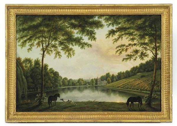 A View Of Lord Hamilton's Landscape Garden At Painshill, Surrey (from The East End Of The Lake With The Vineyard And Ruined Abbey) Oil Painting by George Barret