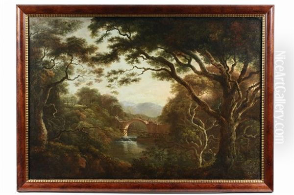 Irish Wooded Landscape With Stone Bridge Under Construction Oil Painting by George Barret